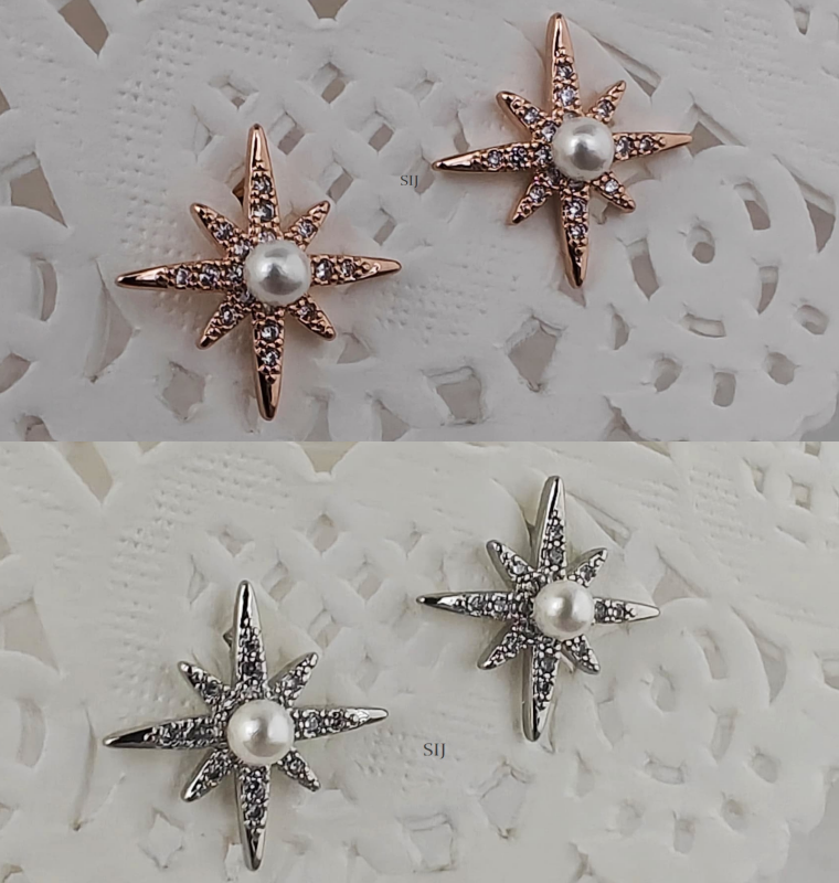 Pearl Studded Star Design Silver& Rose Gold Minimal Earring