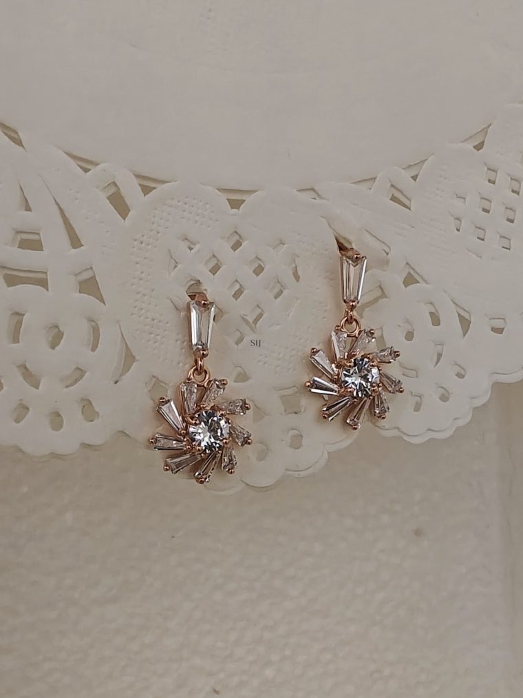 Rose Gold Finish Bud Flower Shape Big Crystal Studded Earrings