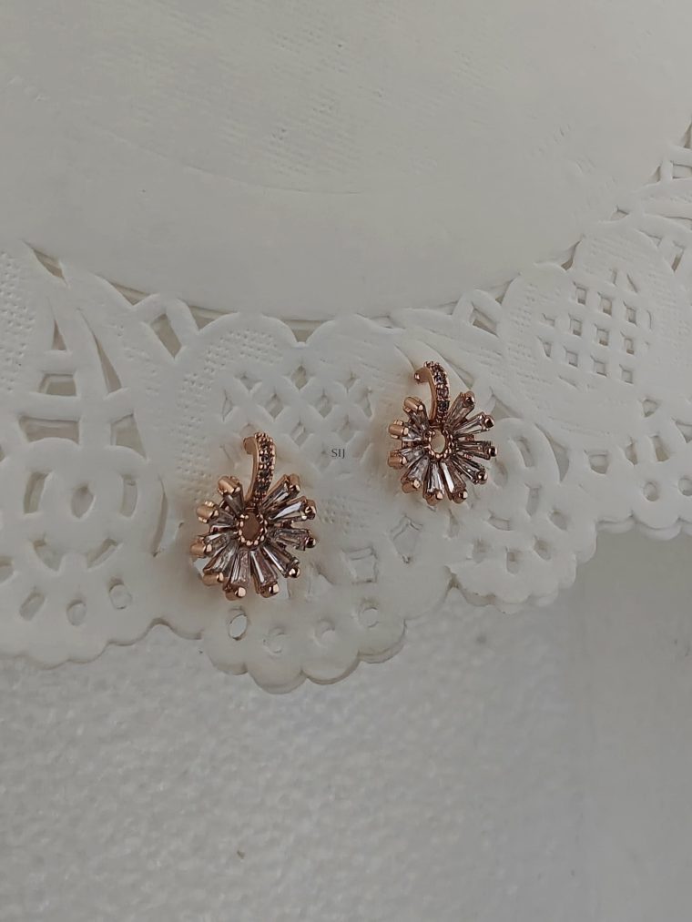 Rose Gold Finish Bud Flower Shape Crystal Studded Earrings