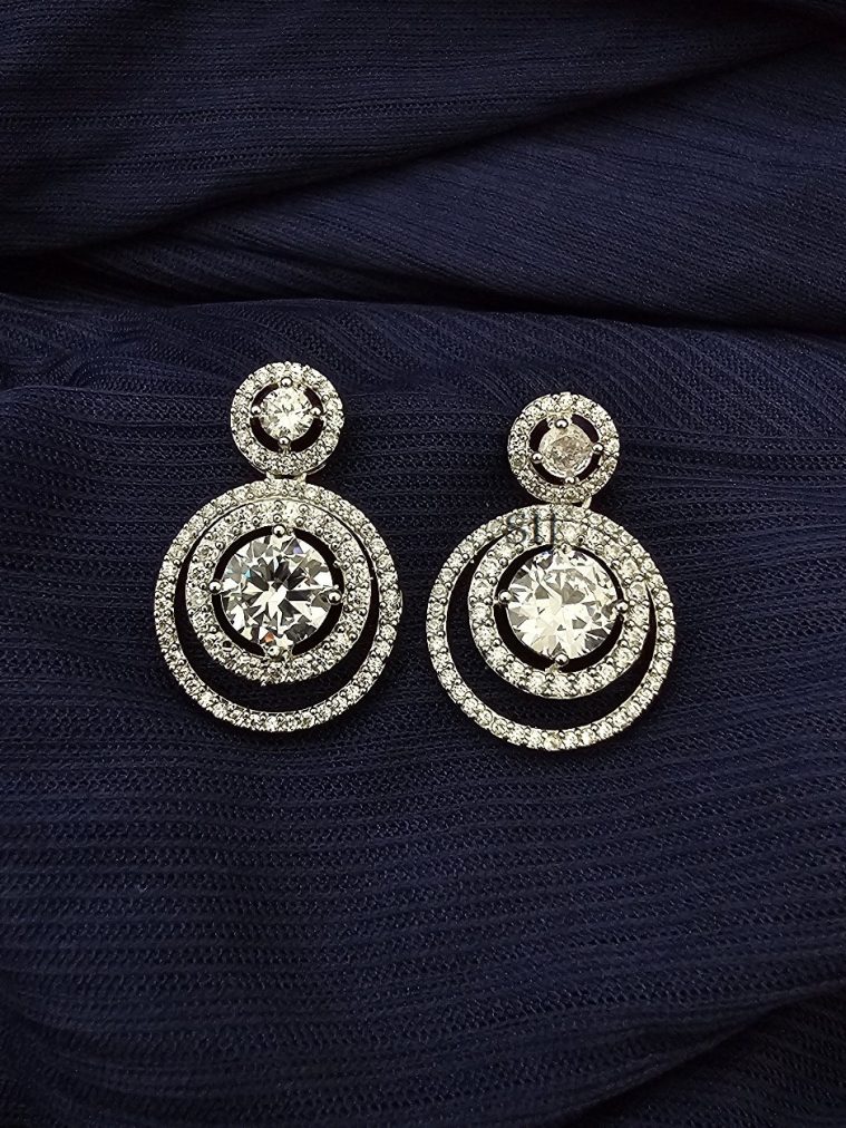 Platinum Finish Two Round Dangler CZ Stones Earrings