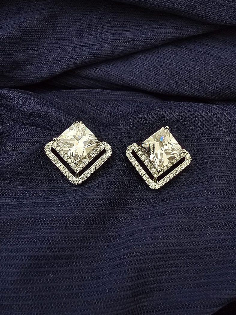 Rhombus Shape CZ Stones Platinum Finish Ear Studs