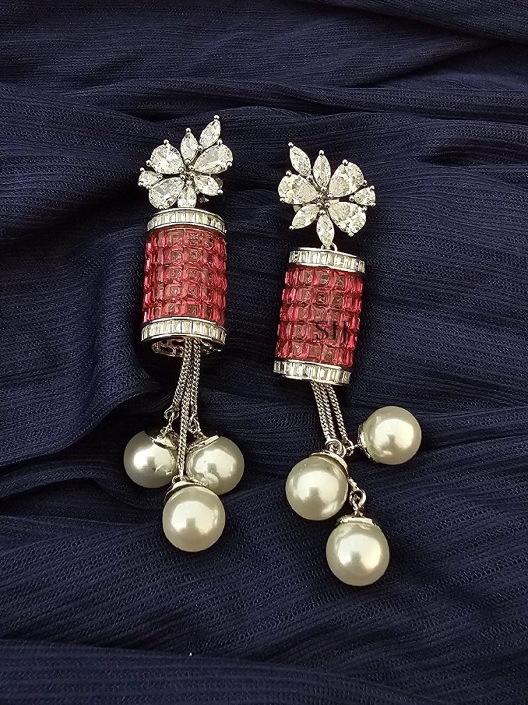 Platinum Finish Fancy Earrings with Pearl Hangings