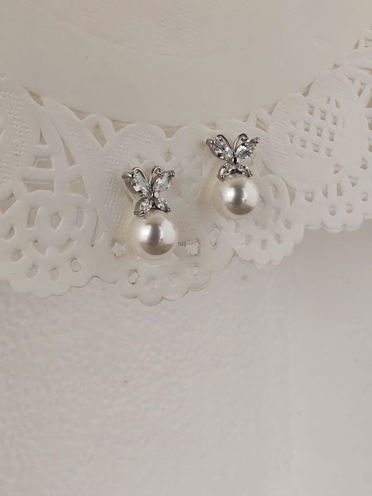 Silver Finish Butterfly Shape Pearl Drop Earring