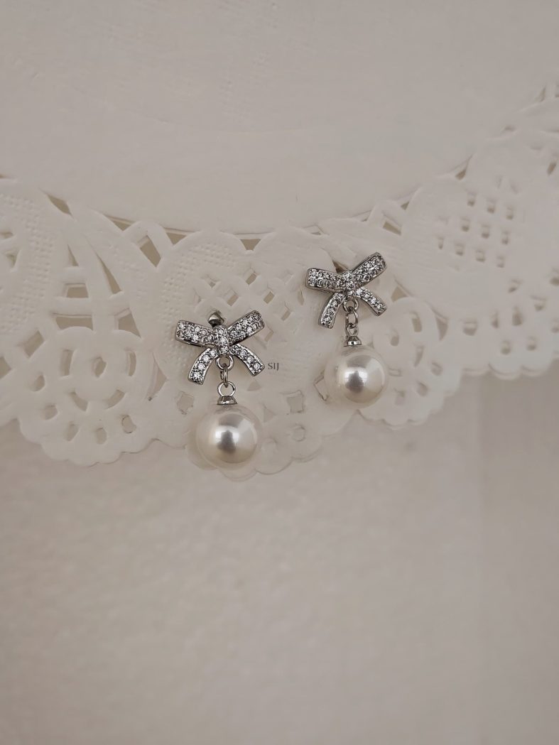 Silver Finish Pearl Drop Bow Earrings