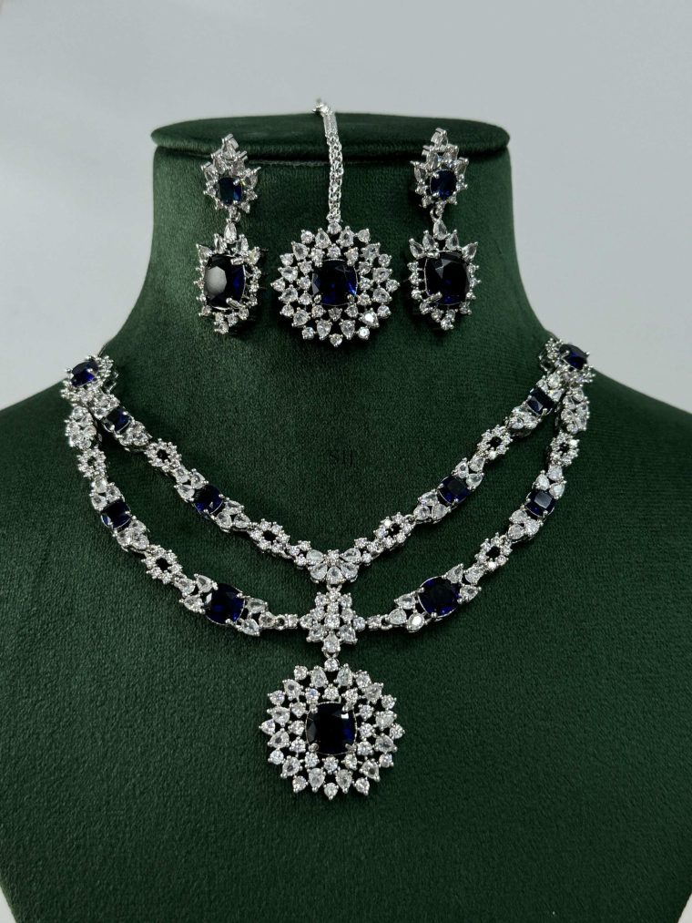 Silver Plated AD Necklace With Earrings and Maang Tikka