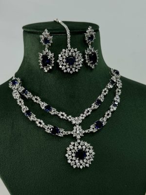 Silver Plated AD Necklace With Earrings and Maang Tikka