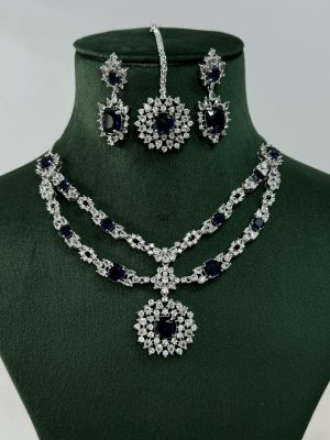 Silver Plated AD Necklace With Earrings and Maang Tikka