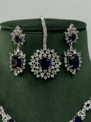 Silver Plated AD Necklace With Earrings and Maang Tikka