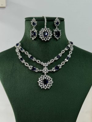 Silver Plated AD Necklace With Earrings and Maang Tikka