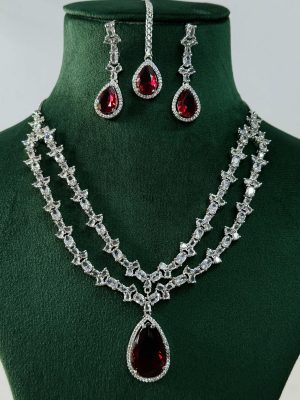 Silver Plated Red Stone AD Necklace With Earrings And Maang Tikka