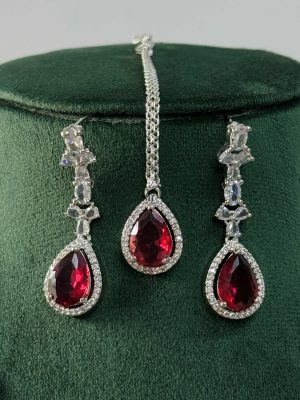 Silver Plated Red Stone AD Necklace With Earrings And Maang Tikka