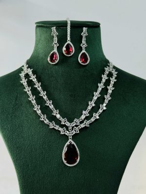 Silver Plated Red Stone AD Necklace With Earrings And Maang Tikka