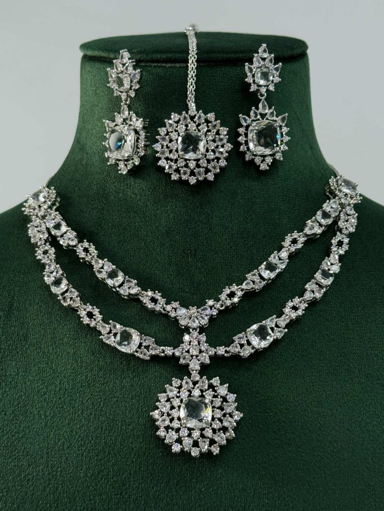 Silver Plated White Stone AD Necklace With Earrings And Maang Tikka