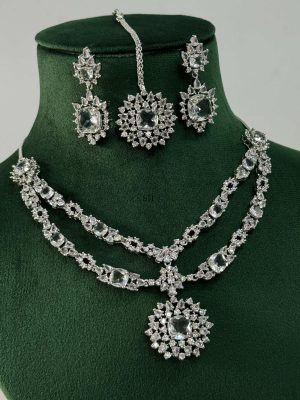 Silver Plated White Stone AD Necklace With Earrings And Maang Tikka