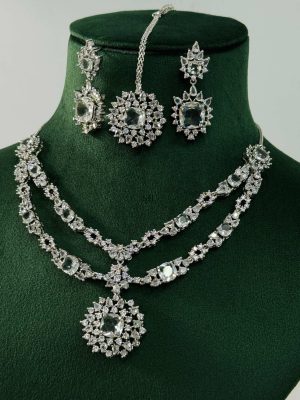 Silver Plated White Stone AD Necklace With Earrings And Maang Tikka