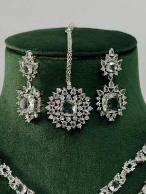 Silver Plated White Stone AD Necklace With Earrings And Maang Tikka