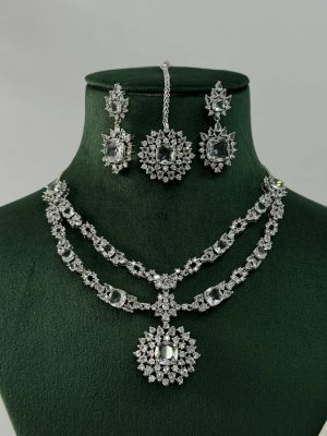 Silver Plated White Stone AD Necklace With Earrings And Maang Tikka