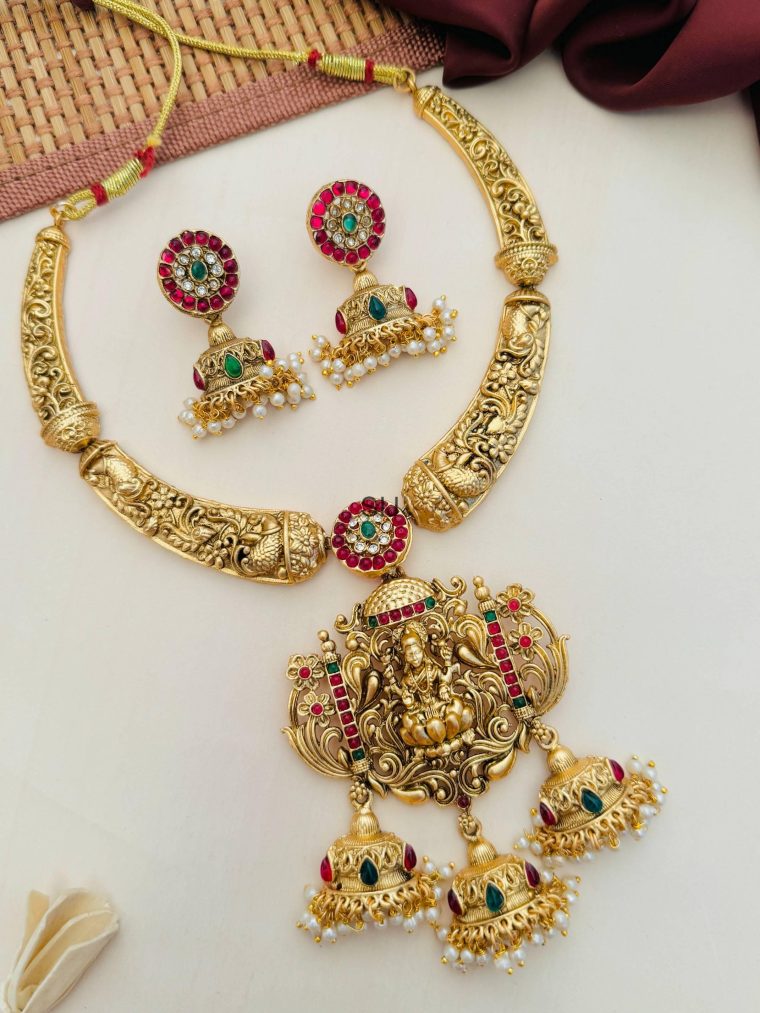 Tri Jhumka Drops With Lakshmi Pendant Necklace