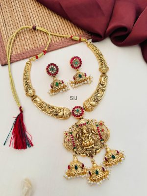 Tri Jhumka Drops With Lakshmi Pendant Necklace