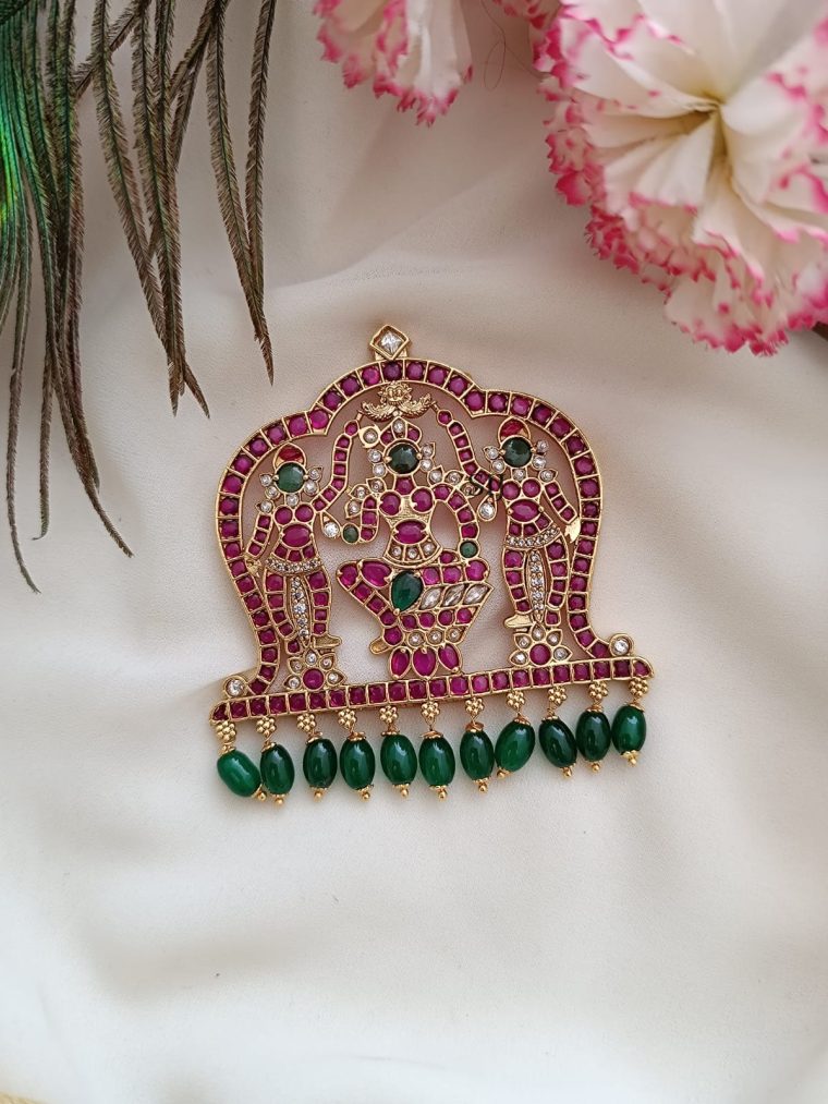 Traditional Goddess Lalithambigai Kemp Stones Pendant With Green Hanging