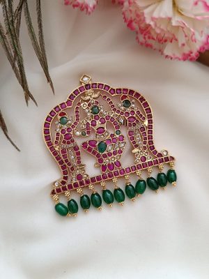 Traditional Goddess Lalithambigai Kemp Stones Pendant With Green Hanging