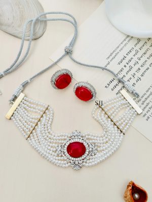 Imitation Beads American Diamond Necklace Set