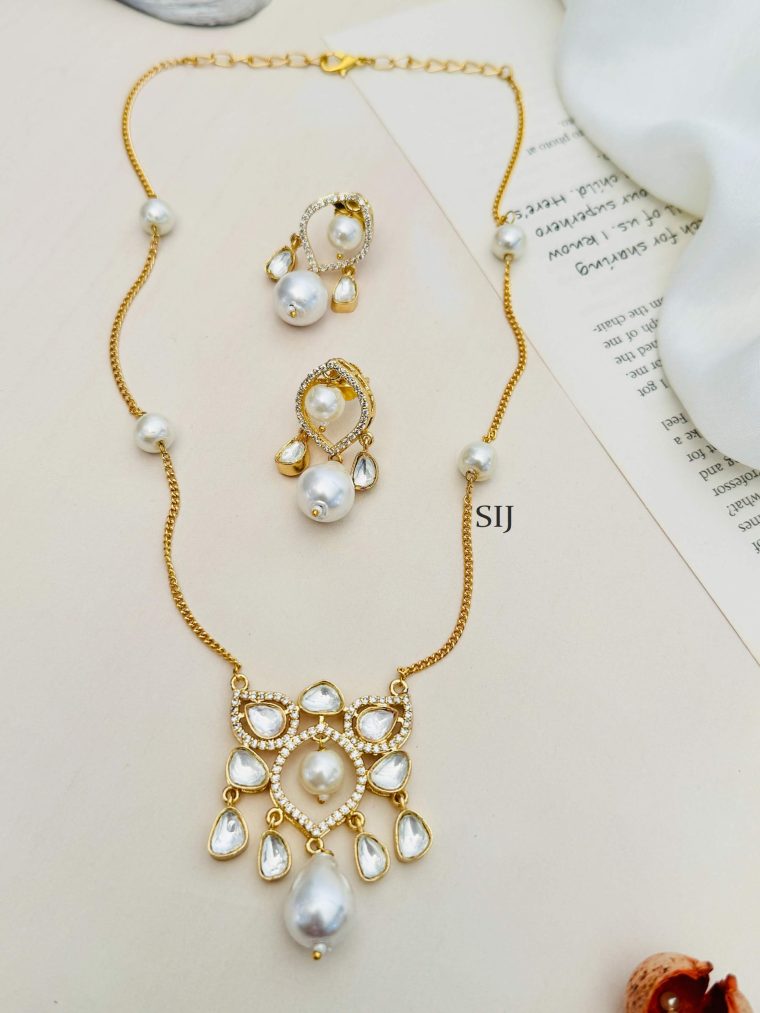 Imitation Pearl Polki Necklace Set Including Earring