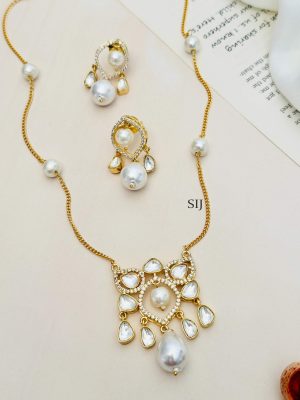 Imitation Pearl Polki Necklace Set Including Earring