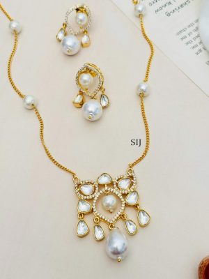 Imitation Pearl Polki Necklace Set Including Earring