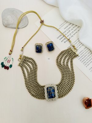 Gold Plated Necklace with Blue Stone Pendant