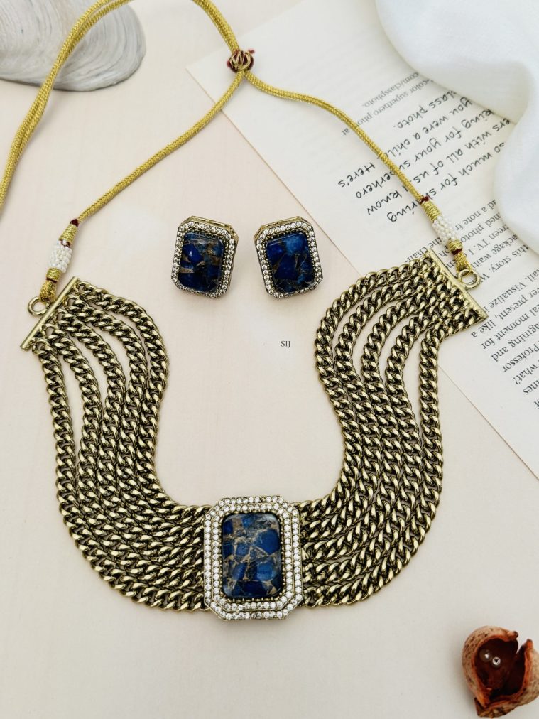 Gold Plated Necklace with Blue Stone Pendant