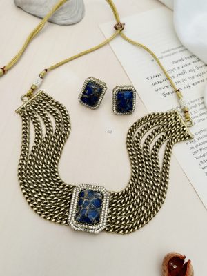 Gold Plated Necklace with Blue Stone Pendant