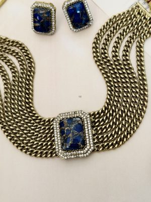 Gold Plated Necklace with Blue Stone Pendant