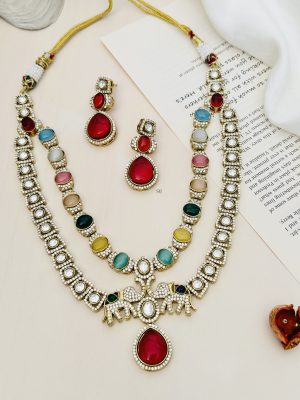 Multi Color Polki and AD Stones Necklace with Dual Elephant Pendant