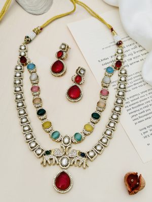 Multi Color Polki and AD Stones Necklace with Dual Elephant Pendant