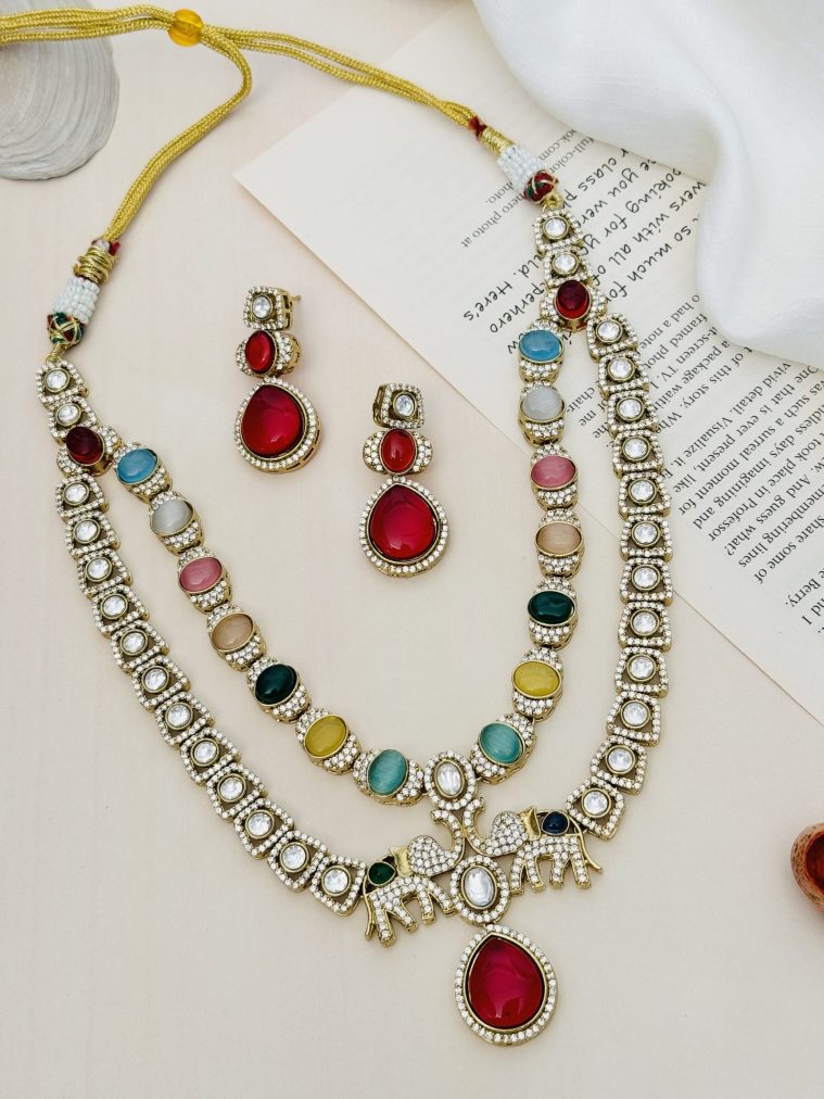 Multi Color Polki and AD Stones Necklace with Dual Elephant Pendant