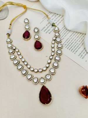 Double Layer Polki and AD Stones Necklace with Red Stone Pendant