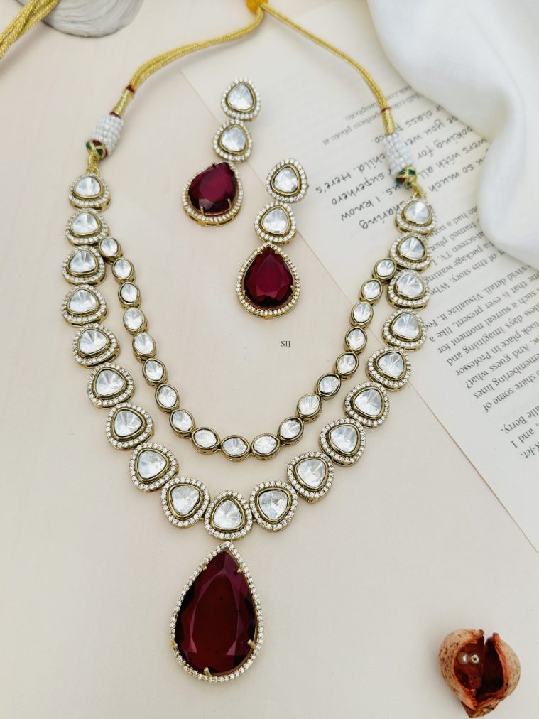 Double Layer Polki and AD Stones Necklace with Red Stone Pendant