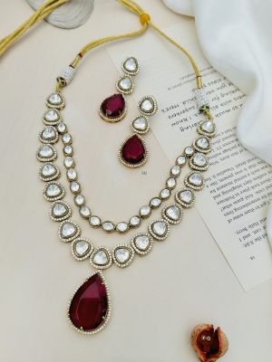 Double Layer Polki and AD Stones Necklace with Red Stone Pendant