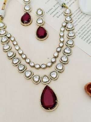 Double Layer Polki and AD Stones Necklace with Red Stone Pendant