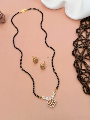 Imitation Black Beads Mangalsutra with AD Stones Pendant