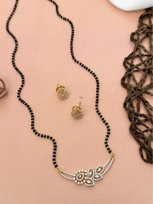 Gold Plated AD Stones Pendant Black Beads Mangalsutra