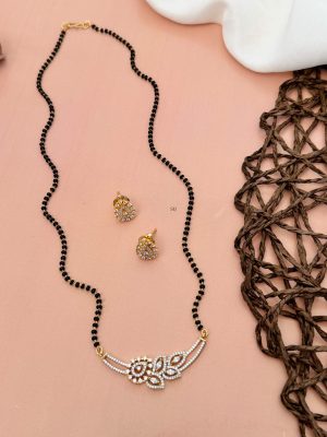 Gold Plated AD Stones Pendant Black Beads Mangalsutra