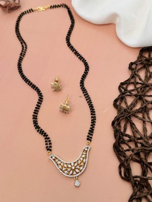 Two Layers Black Beads Mangalsutra with AD Stones Flowers Design Pendant