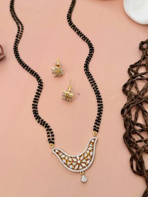 Two Layers Black Beads Mangalsutra with AD Stones Flowers Design Pendant