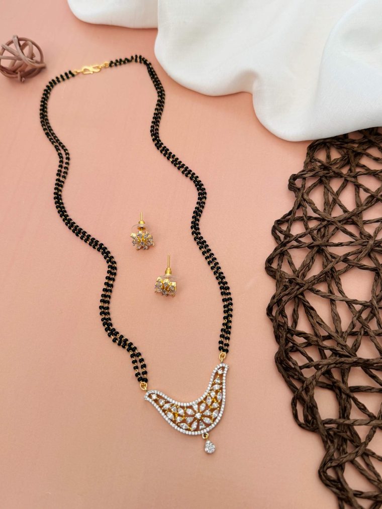 Two Layers Black Beads Mangalsutra with AD Stones Flowers Design Pendant