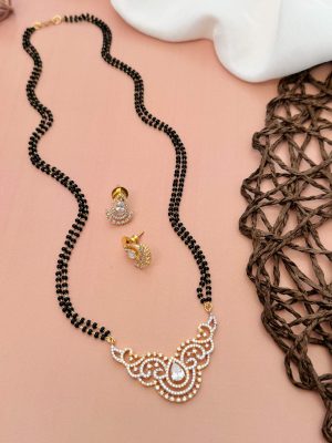 Imitation Two Layers Black Beads Mangalsutra with AD Stones Pendant