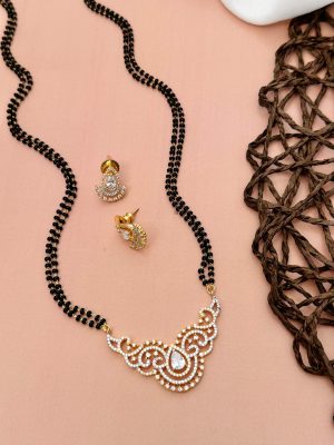 Imitation Two Layers Black Beads Mangalsutra with AD Stones Pendant