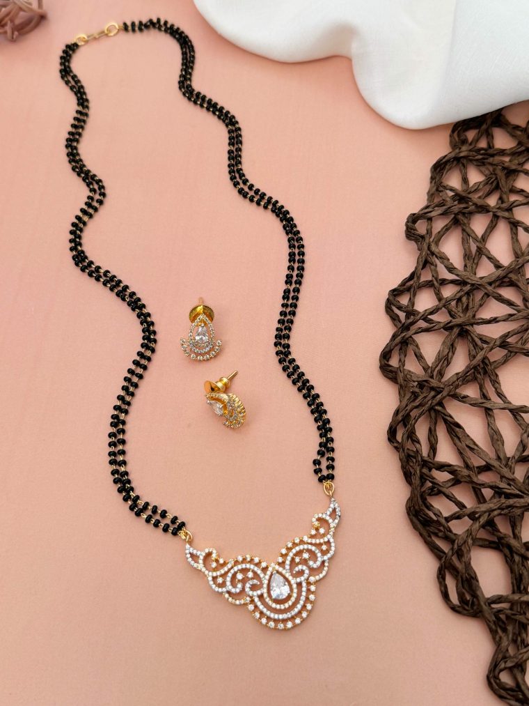 Imitation Two Layers Black Beads Mangalsutra with AD Stones Pendant