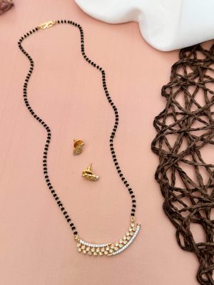 Gold Finish Black Beads Mangalsutra with AD Stones Pendant